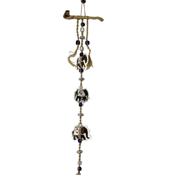 Wall Window Art Cloth Elephant and Blue Glass and Silver Metal Beads on Twine - Picture 5 of 7